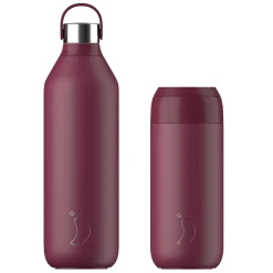 Chilly's Series 2 1 Litre Reusable Water Bottle & 50cl Coffee Cup Set - Plum Red