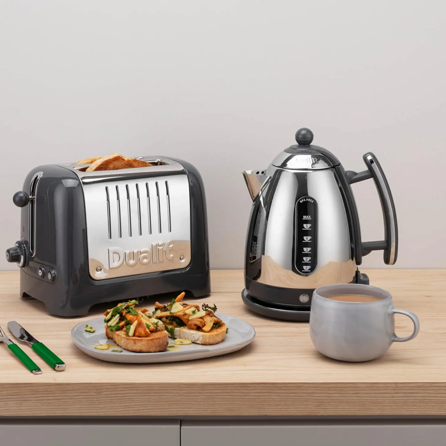 Dualit Lite Jug Kettle & 2 Slice Toaster Set - Polished Grey