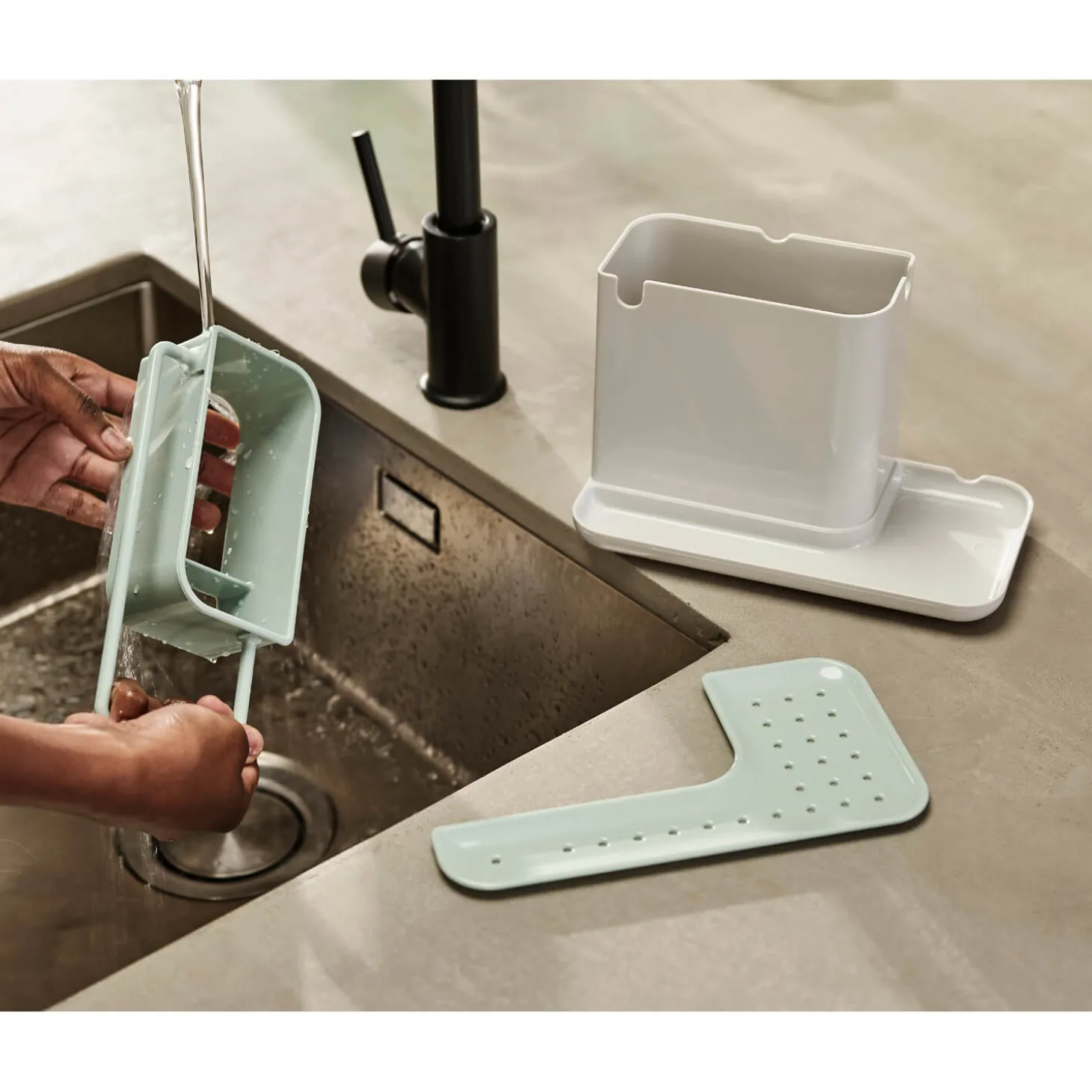 Joseph Joseph Caddy Sink Tidy - Light Stone & Sage Green