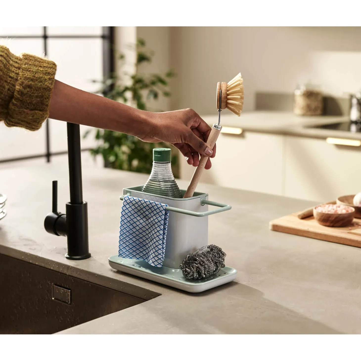 Joseph Joseph Caddy Sink Tidy - Light Stone & Sage Green