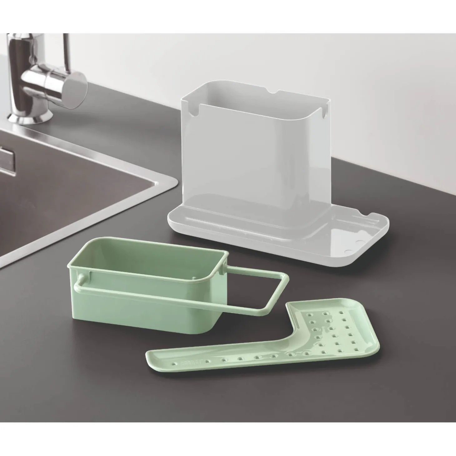 Joseph Joseph Caddy Sink Tidy - Light Stone & Sage Green