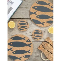 Liga Round Cork Coaster - Fish - Grey