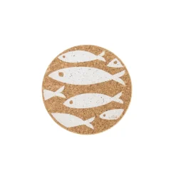 Liga Round Cork Coaster - Fish - White