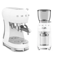 Smeg 50's Style Retro ECF02WHUK Espresso Coffee Machine & CGF11WHUK Coffee Grinder - White