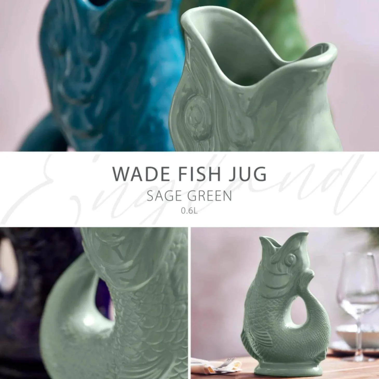 Wade Fish Earthenware 0.6 Litre Gluggle Jug - Sage